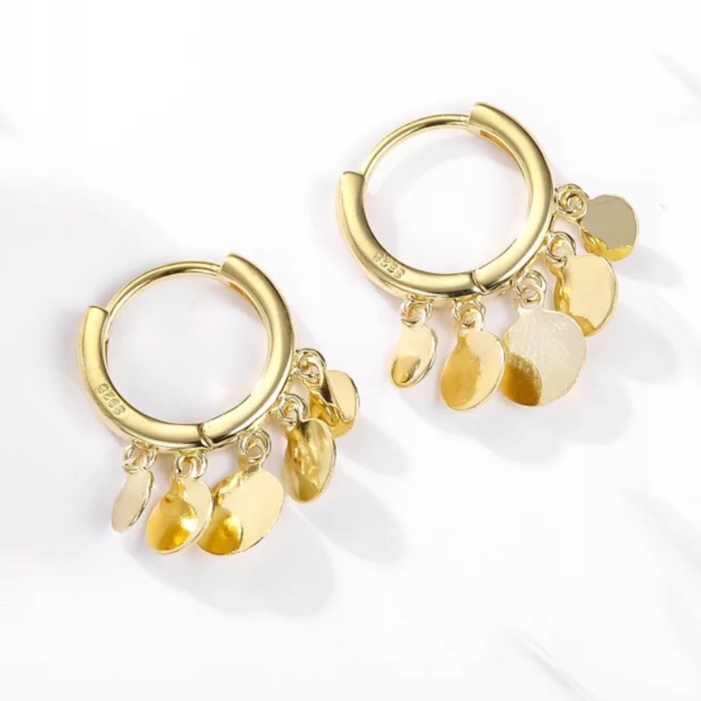NEW 18K GOLD ROUND DISC TASSEL HOOP EARRINGS, NICE EARRINGS, CUTE EARRINGS
